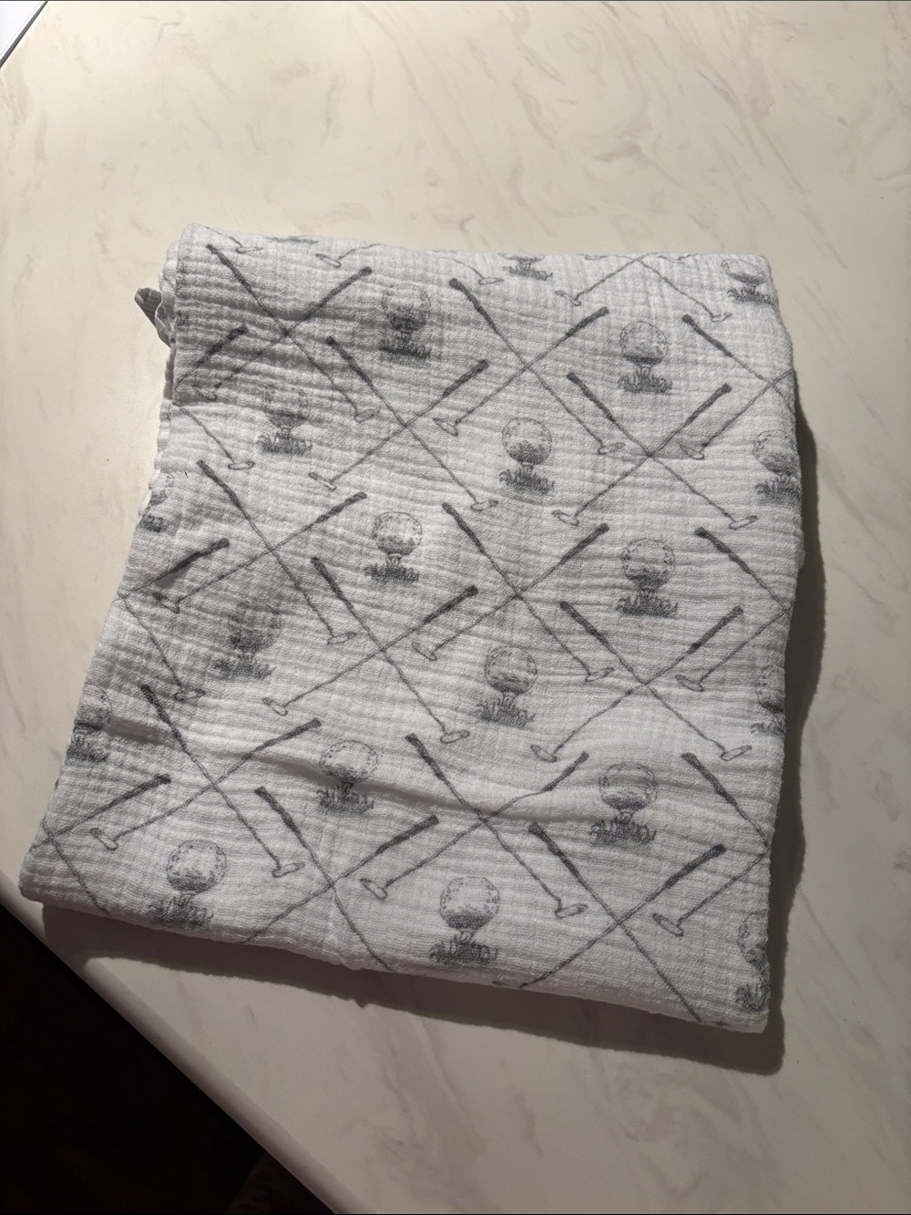 Quilted White Baby Swaddle Blanket with Gray Golf Print